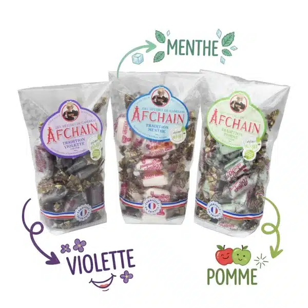 3 saveurs betises de cambrai Violette menthe pomme