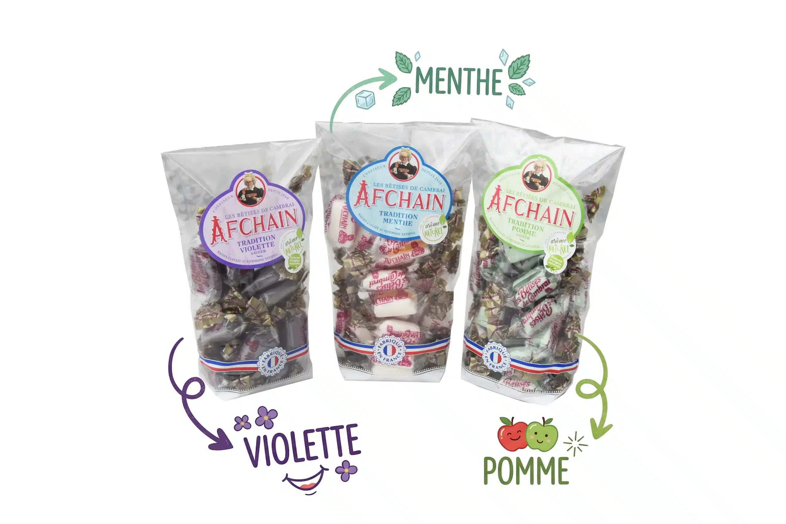 3 saveurs betises de cambrai Violette menthe pomme