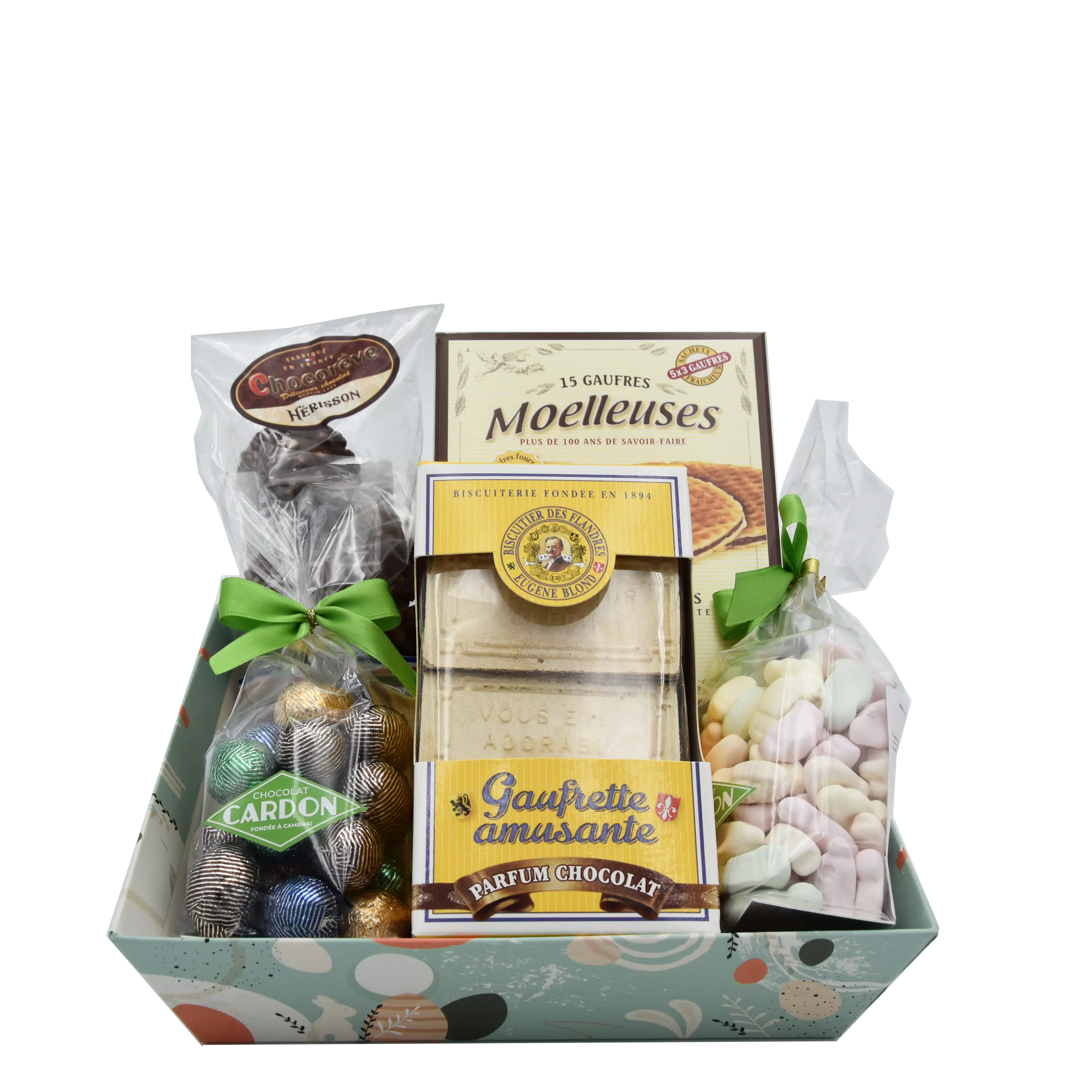 Panier délices de pâques, assortiment de produits régionaux et chocolats de Pâques
